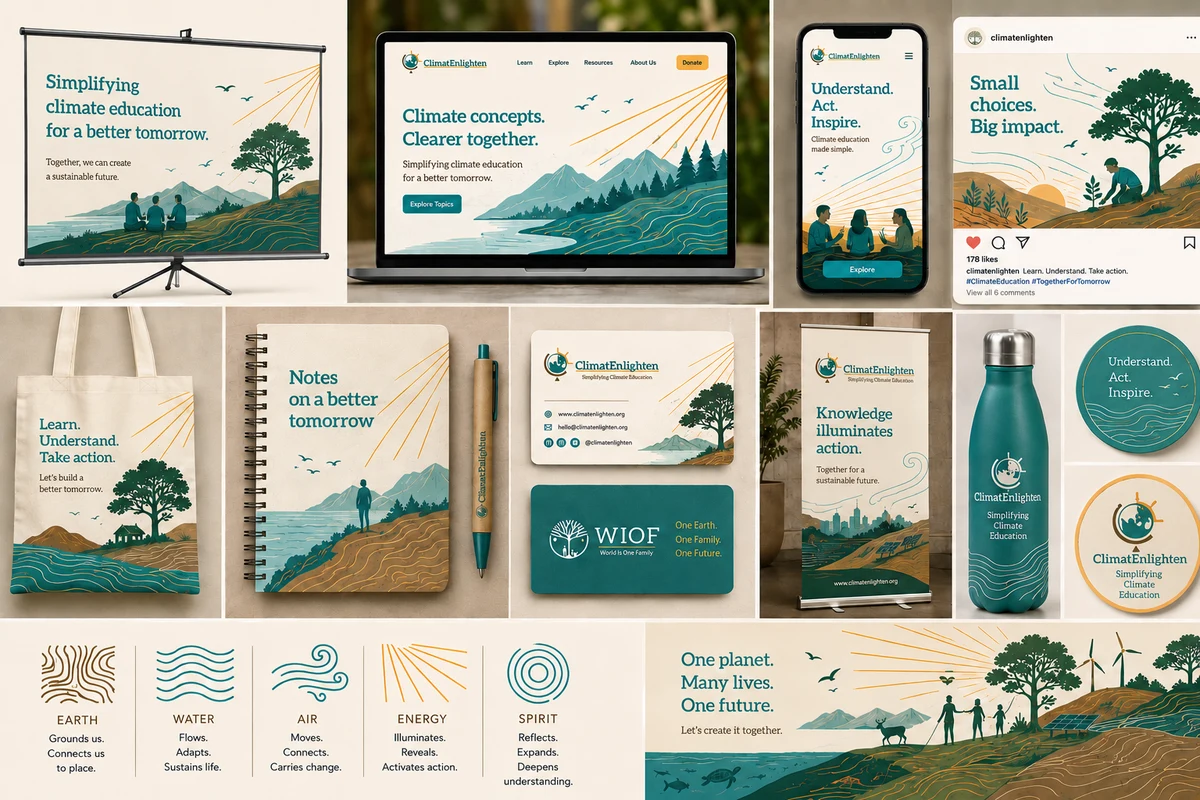 ClimatEnlighten and WIOF brand mockups: website, lecture slides, social posts, print and merch, all in the new brand